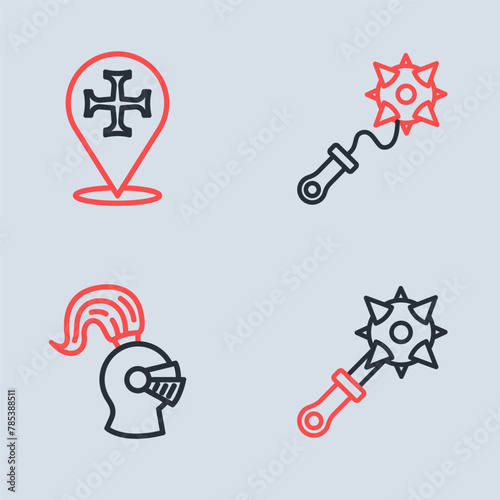 Set line Mace with spikes, Medieval helmet, and Crusade icon. Vector