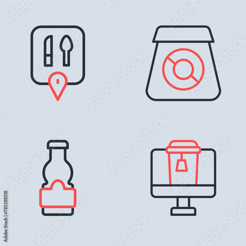 Set line Online ordering food, Sauce bottle, and Cafe and restaurant location icon. Vector