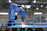 Robotic arm doing laser cutting process. Robotic technology in manufacturing industry.
