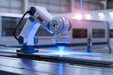 Robotic arm doing laser cutting process. Robotic technology in precious automation and manufacturing industry.