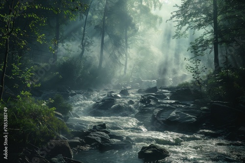 Mystical forest river with rays of sunlight - Sun rays pierce through the mist in a dense  mystical forest  highlighting a rocky river below