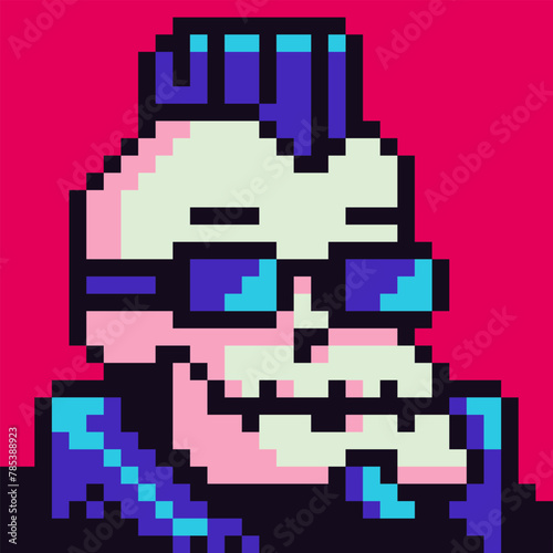 Avatar pixel skeleton character in glasses, cartoon vector icon game user web profile person, people, 8-bit guy, social net portrait, man face, minimalistic fashion, vector