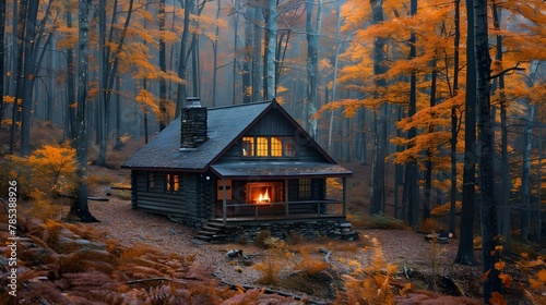 Autumn Retreat: A Warm Hearth Amidst Golden Foliage. Concept Fall Foliage Photography, Cozy Autumn Vibes, Rustic Cabin Interiors, Outdoor Adventures