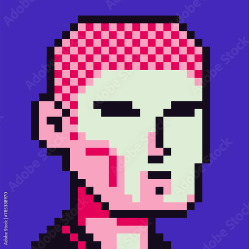 Avatar pixel human character, cartoon vector icon, game user or web profile persons and people, 8-bit guy social net portrait, young man face, minimalistic fashion, vector crypto art background.