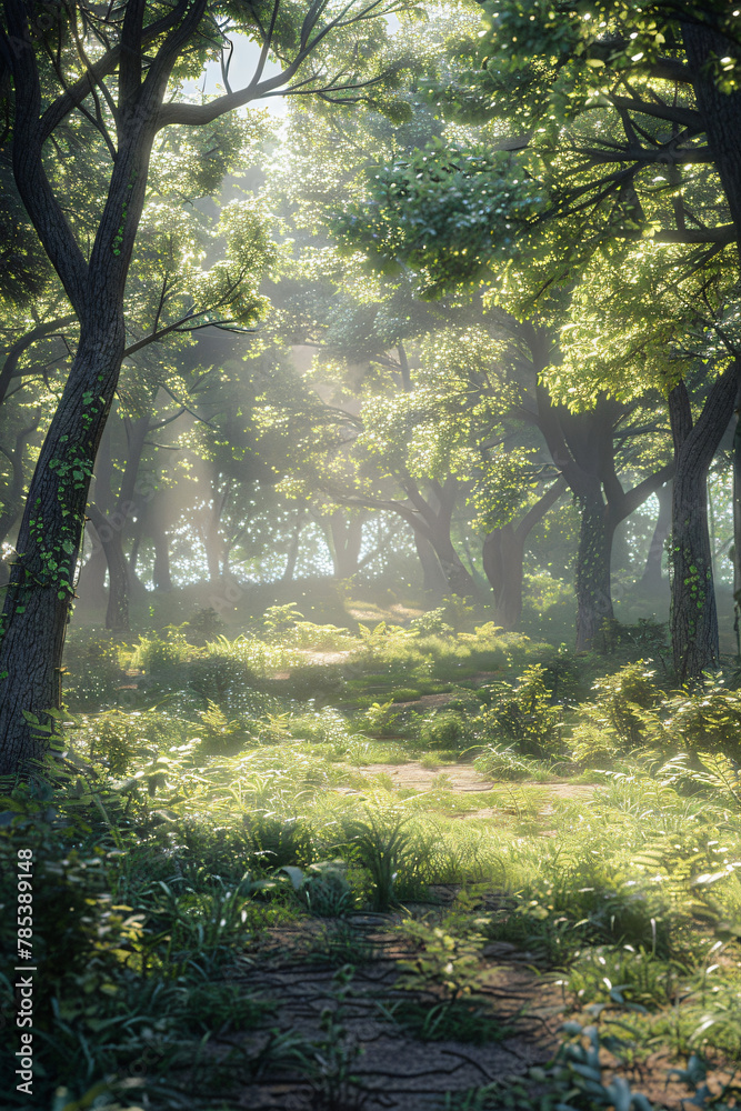 Fototapeta premium Tranquil Forest Glade: Sunlight Through Canopy