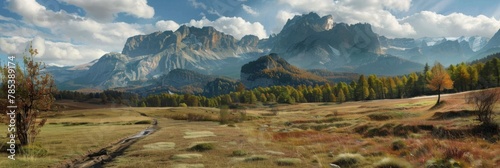 Alpine scenery with towering mountains and meadow - A breathtaking expanse of alpine meadow with towering rocky mountains, signaling adventure and natural beauty photo
