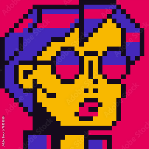 Fashion woman pixel face, Avatar female character, cartoon vector icon, game user or web profile persons and people, 8-bit girl, social net portrait, minimalistic vector illustration.