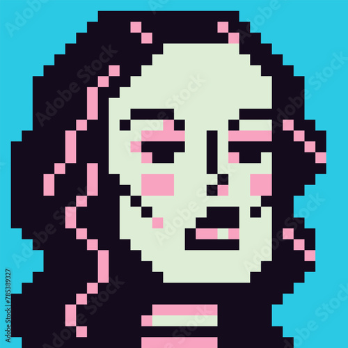 Pixel female character, avatar cartoon vector icon, game user or web profile person, people, 8-bit fashion girl, social net portrait, young woman face, minimalistic fashion, vector illustration.