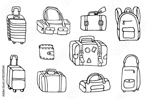 Icon set of traveling luggage hand drawn vector doodles in line style. Collection icons of various travel bags of different shapes and styles for trips. Line contour  in sketch style.