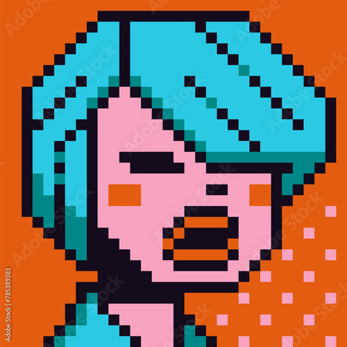 8-bit girl, Avatar pixel female character with blue hair, cartoon vector icon, game user or web profile persons and people, social net portrait, young woman face, minimalistic fashion, vector