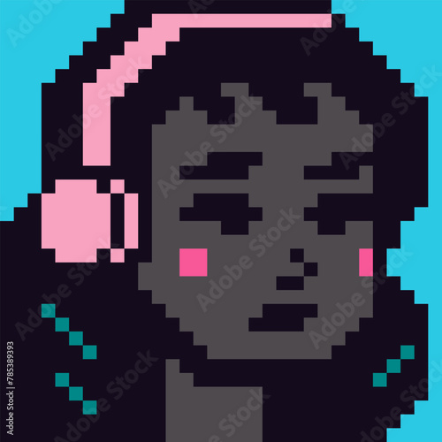 Avatar pixel female character in headphones, cartoon vector icon, game user or web profile persons and people, 8-bit girl, social net portrait, young woman face, minimalistic fashion, vector