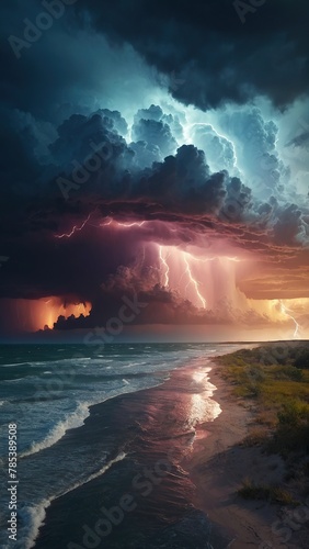 Hurricane clouds and lightning against the horizon