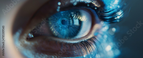 Closeup of a human eye with virtual hologram elements for surveillance and digital ID verification or Lasik vision laser correction as wide banner with copy space area banner photo
