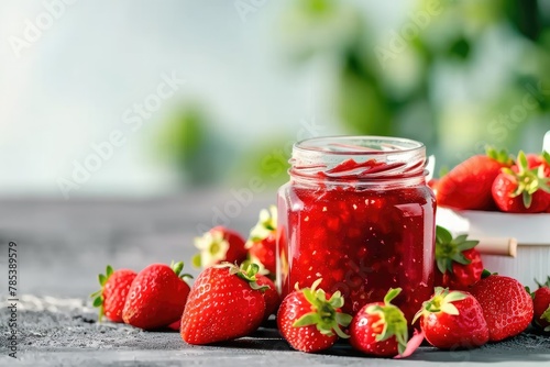 Sweet Indulgence: Homemade Strawberry Preserves in Mason Jar Amid Fresh Organic Strawberries photo