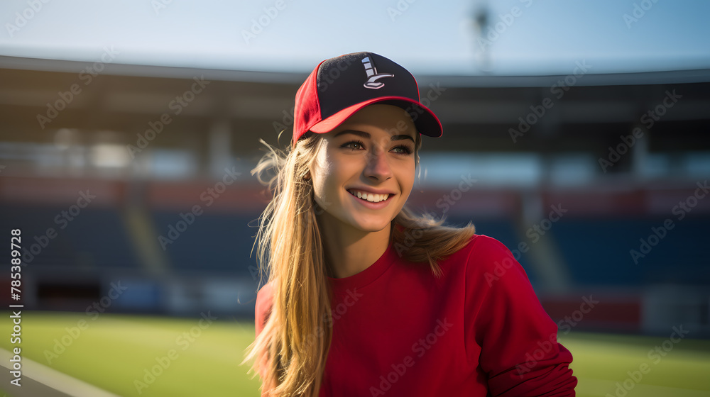 beautiful teenage girl model in a baseball stadium wearing red bomber jacket, hipster rounded glasses and blue cap beautiful teenage girl model in a baseball stadium wearing red bomber jacket, hipster rounded glasses and blue cap