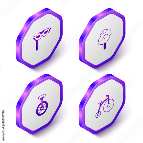 Set Isometric Festive mask, Cotton candy, Unicycle and Vintage bicycle icon. Purple hexagon button. Vector