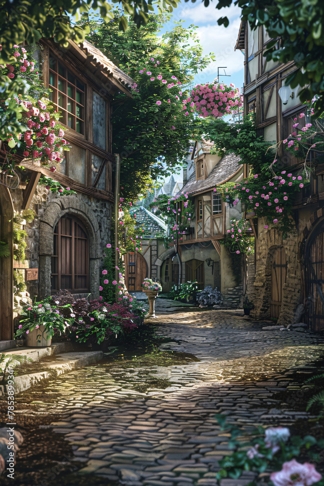 Charming Village Street: Cobblestone Paths and Flower-Filled Window Boxes