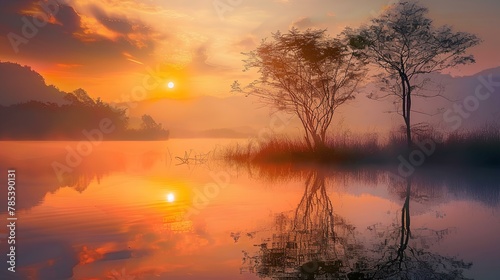 Quiet sunrise and sunset over lake and river, reflecting sky, clouds, and trees in tranquil natural landscape