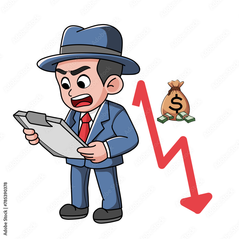 Loss of investment, gain, decrease in profit or salary, recession business loss, businessman falls from the heights of the gold heap to the lowlands