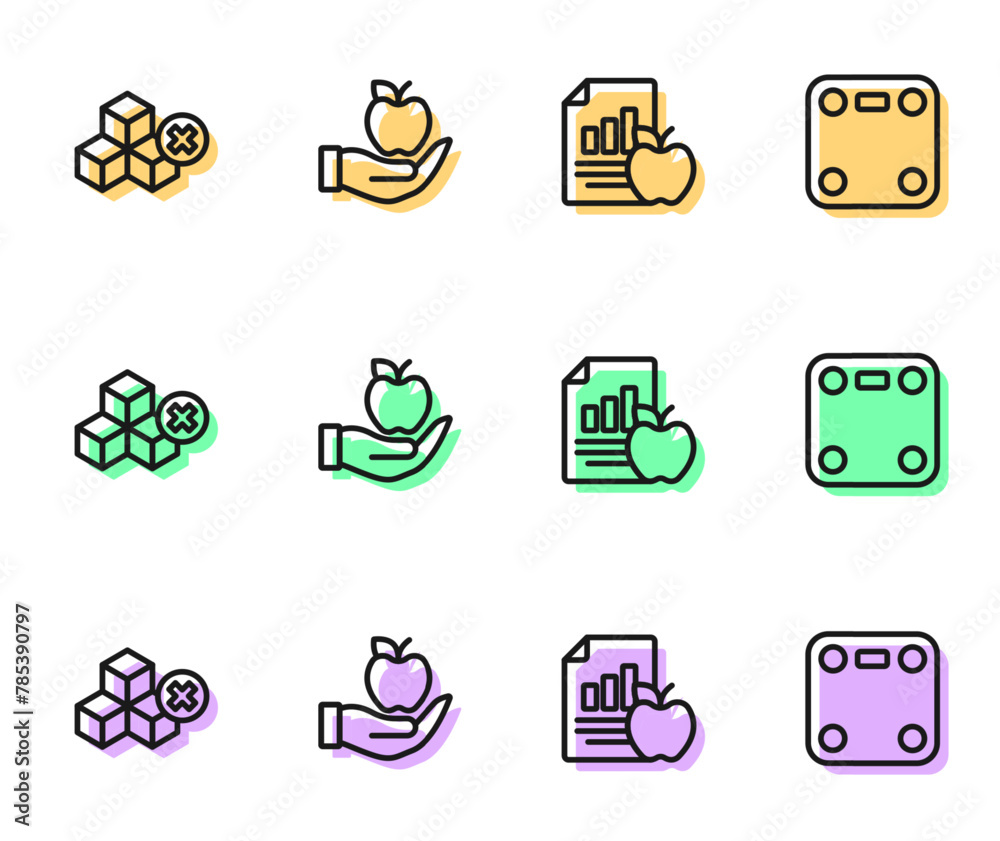 Set line Diet plan, No sugar free, Apple and Bathroom scales icon. Vector