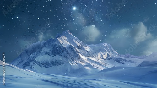 Winter mountain landscape with snow-covered peaks, clear blue skies, icy streams, and skiing in the Alps, showcasing the beauty of nature and snowy terrain
