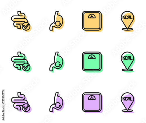 Set line Bathroom scales, Intestines, Human stomach health and Kcal icon. Vector