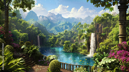 Fantasy world landscape garden of eden