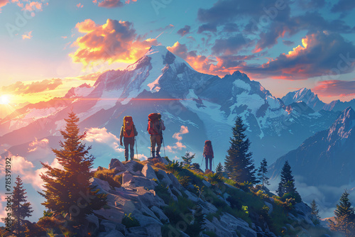 Hikers viewing mountain peaks. Digital illustration. Outdoor adventure concept. Design for posters, backgrounds, adventure blogs. photo