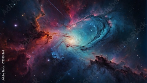 Vibrant abstract wallpaper texture background illustration, Cosmic journey through galaxies and nebulae. © xKas