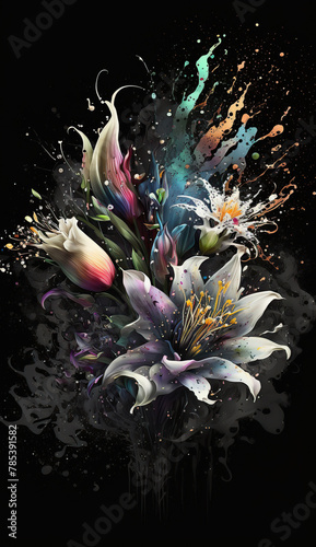 Abstract lily or alstromeria flowers on a black background. Bright color burst. Mobile splash screen template. Floral artistic illustration. photo
