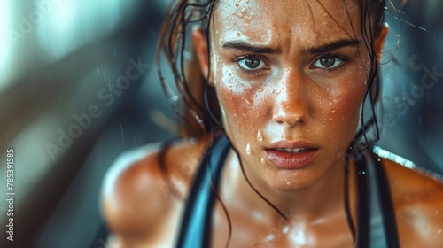 Intense stare eyes determined athlete champion glare head shot sweaty confident woman female powerful fighter close up