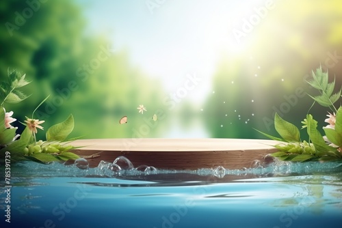 Circular platform, round podium for product display in pond with calm and clear blue water. Showcase in outdoor spring nature background with copy space.