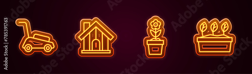 Set line Lawn mower, Farm house, Flower in pot and Plant. Glowing neon icon. Vector