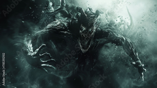 A dark and fearsome creature with sharp fangs and menacing claws emerges from the shadows, evoking terror.