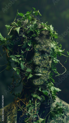 Portrait of person with face covered in foliage - An intriguing portrait of a person with their face obscured by an abundance of fresh green foliage, symbolizing nature