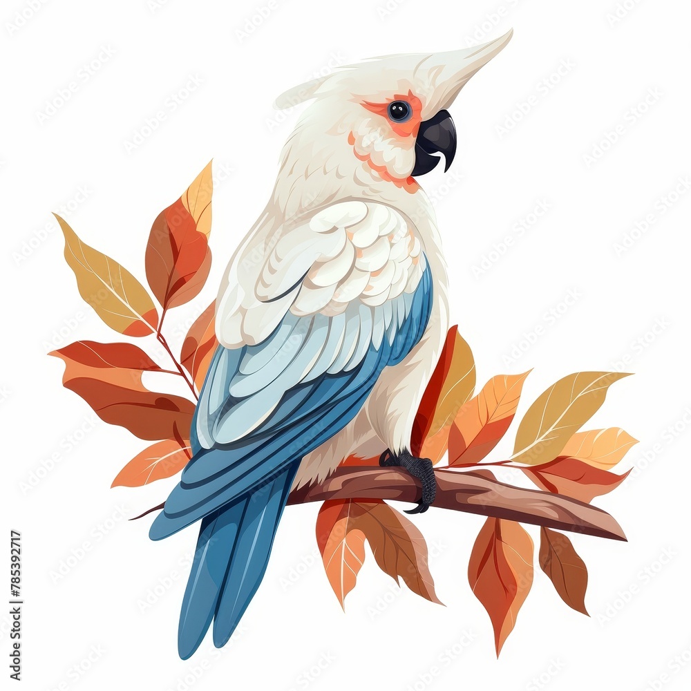Obraz premium A white and blue parrot is perched on a branch with leaves