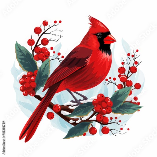 A red cardinal perched on a branch with berries