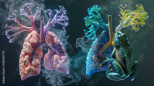 3 D Model of human and frog lungs, bronchioles, bronchus, alveoli, respiratory system, damaged lung, smoke impair lungs of human and frog
