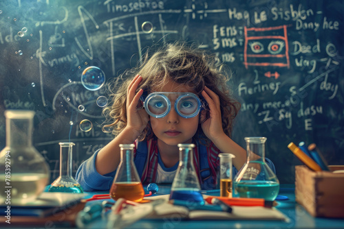 A young girl with messy hair and goggles, surrounded by colorful beakers filled with liquid on the table in front of her