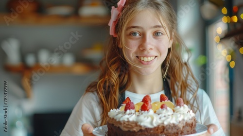 Young girl holding cake with strawberries