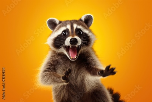 Happy raccoon jumping and having fun.