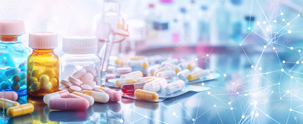 Different bills and bottles for pharmaceutical and healthcare medication and drug research labs concepts with copy space area concepts as wide banner with copysapce area banner digital concept