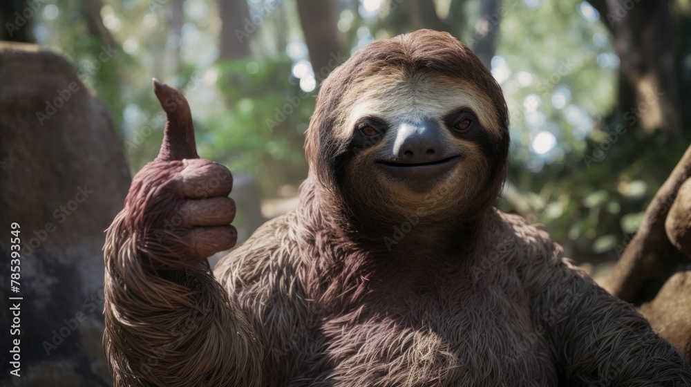 Naklejka premium Portrait of friendly sloth making thumbs up.