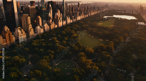 Aerial helicopter photo over central park with nature, trees, people having picnic and resting on a field around skyscrapers cityscape, beautiful evening with warm sunset light day time 