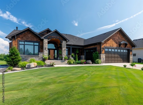 Front view of a beautiful modern home exterior with brown shingle and stone siding