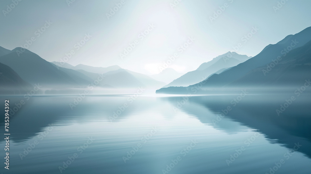 Minimalist landscape, mountains and calm waters.