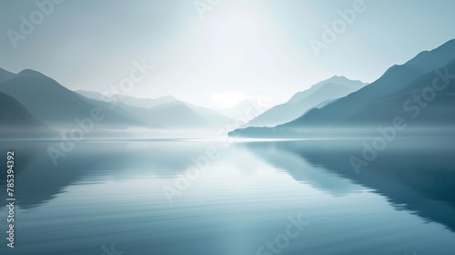 Minimalist landscape, mountains and calm waters. © vlntn