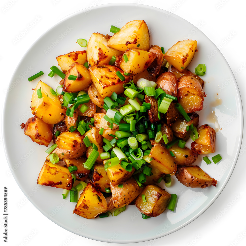 White plate with fried potatoes and green onions top view isolated on white White plate with fried potatoes and green onions top view isolated on white