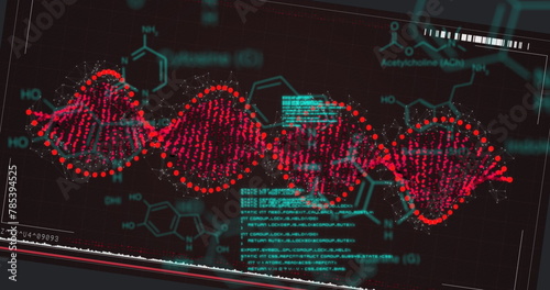 Image of dna strand spinning over chemical structures and data processing