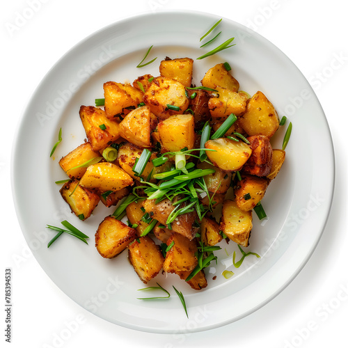 White plate with fried potatoes and green onions top view isolated on white